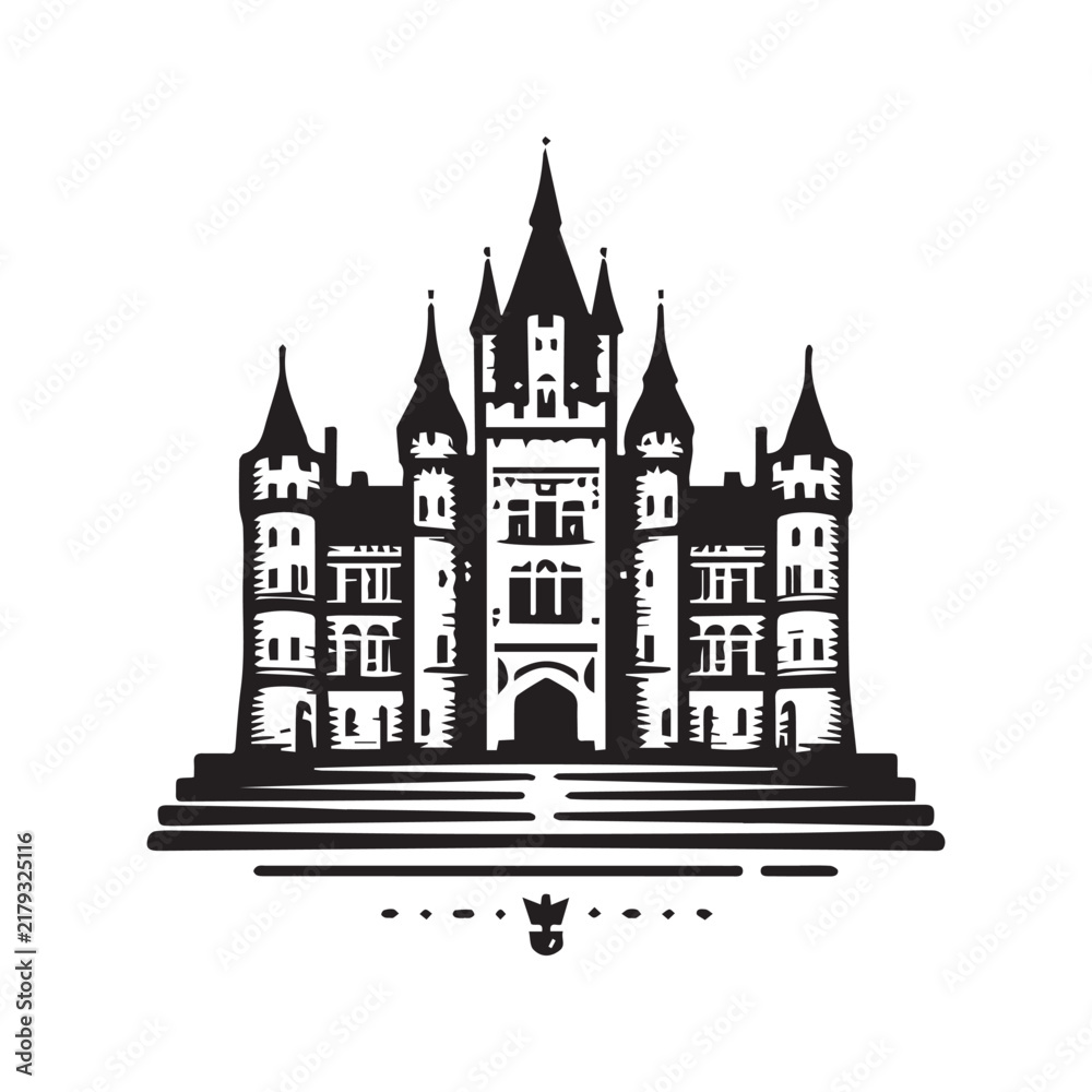 Fototapeta premium Minimalist black and white vector illustration of a majestic gothic castle building.