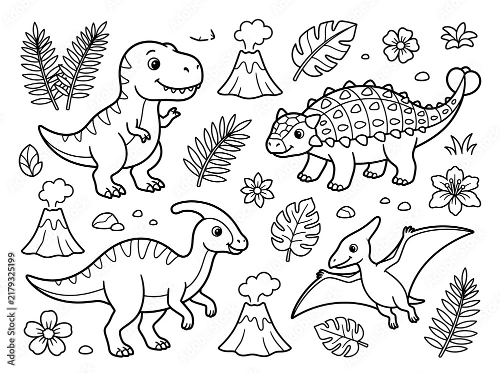 Fototapeta premium Cute prehistoric dinosaurs coloring page for kids with t-rex, ankylosaurus, and parasaurolophus