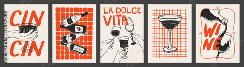 Hand drawn outline posters set of wine with lettering. La dolce vita linear illustrations collection with hands, bottles and glasses of wine. Vintage design for kitchen wall art, print, menu, interior