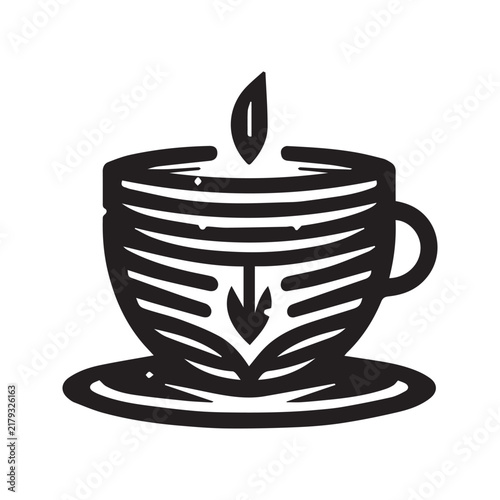 Minimalist black and white line art illustration of a tea cup with a leaf.