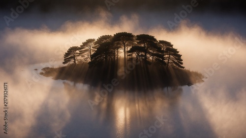 Telephoto Compressed Misty Island Silhouette 