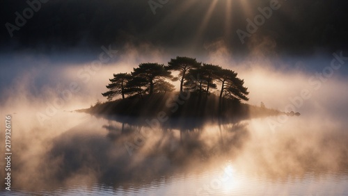 Telephoto Compressed Misty Island Silhouette 