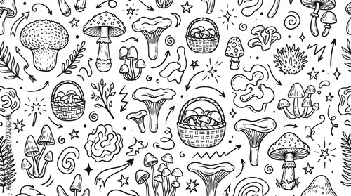 Hand drawn doodle mushroom seamless pattern with baskets and forest elements forest mushrooms seamless background mushroom basket botanical vector mycology design