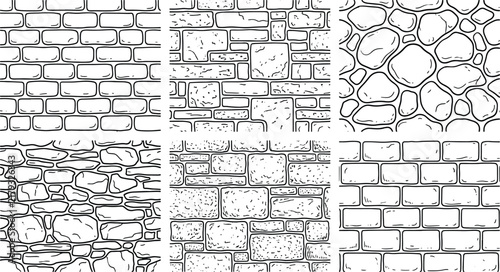 Collection of monochrome hand drawn stone and brick wall texture patterns with wall pattern masonry vector rock background building facade architecture texture