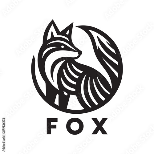 Minimalist black and white fox logo design illustration.