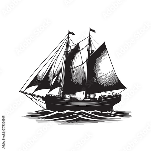 Vintage style illustration of a classic sailing ship on the ocean waves.