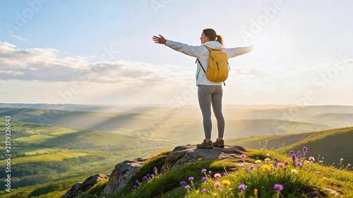 Woman with backpack on mountain top