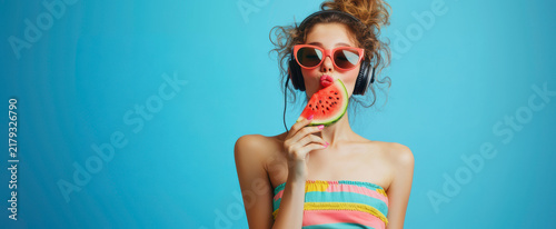 Woman enjoying fresh watermelon while listening to music indoors