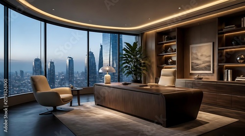 Luxury modern office interior with panoramic cityscape view at twilight.