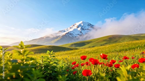 Red poppies in mountain meadow