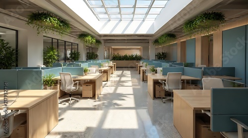 Modern Restaurant Interior with Skylight and Blue Seating.