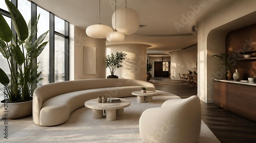 Modern minimalist hotel lobby interior with curved sofas.
