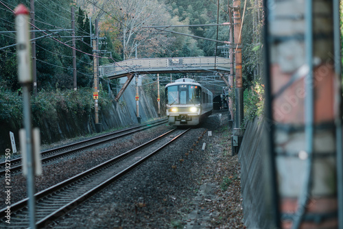 Local train running on railway tracks exciting tunnel surrounded by forest near Arashiyama, Kyoto.