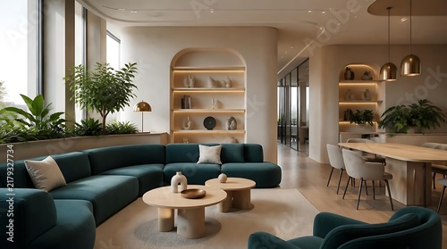 Modern open plan living room interior with green sofa.