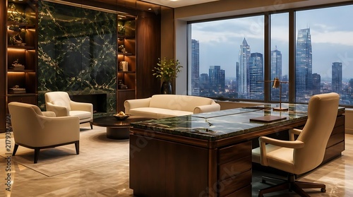 Luxurious executive office with city skyline view.