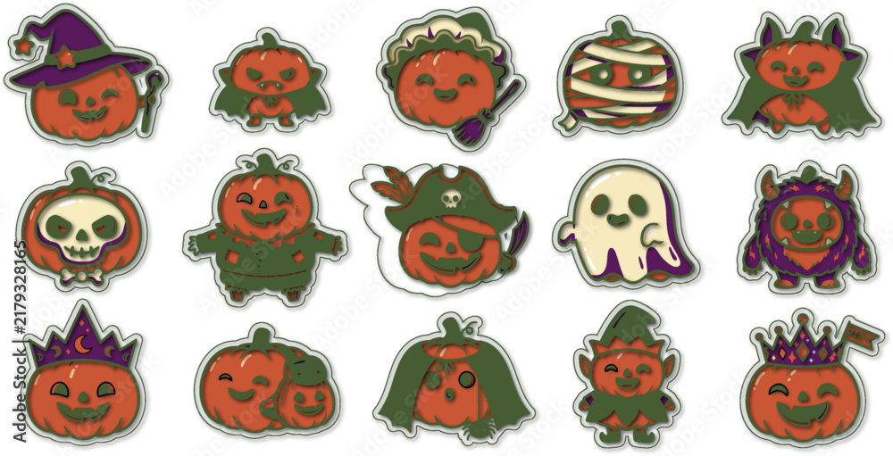 Fototapeta premium Set of cute hand drawn pumpkin characters designed as a festive halloween sticker collection for holiday decoration