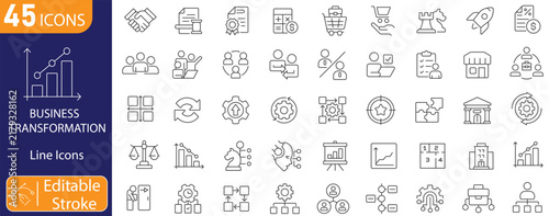 Business Transformation icons set. Includes digital transformation, business innovation, growth strategy, process improvement, change management, and business modernization symbols. Editable stroke. 