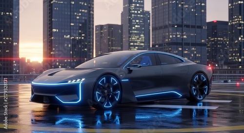 Futuristic Electric Car with Neon Lights in a Modern City at Dusk.