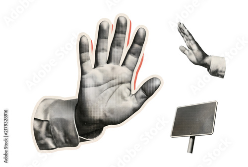 Retro collage of large raised stop hand beside smaller hand and blank sign, representing protest, refusal, and public warning, with cutout hands, colored accents, and transparent background.