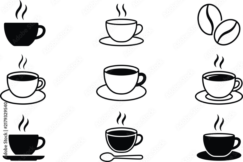 Obraz premium Hot coffee cup icons and roasted beans set for cafe menu design line art style vector illustration