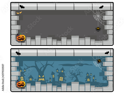 暗い洞窟と不気味な夜の街並みのハロウィンフレーム