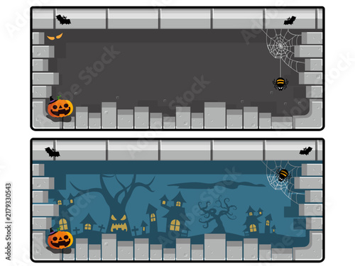暗い洞窟と不気味な夜の街並みのハロウィンフレーム