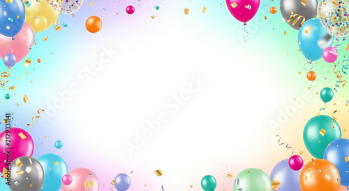 Festive border of colorful balloons and confetti against a soft pastel gradient background