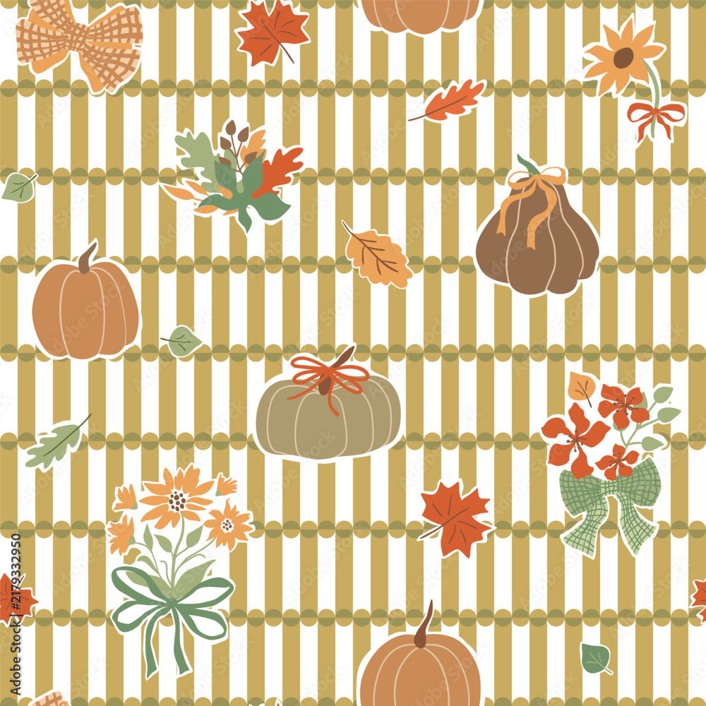 Obraz premium Autumn pumpkin, flowers, leaves seamless pattern. Fall farmhouse plaid, modern block, cute harvest collage design for fabric, wrapping paper, wallpaper, repeat background, textile design. Vector print