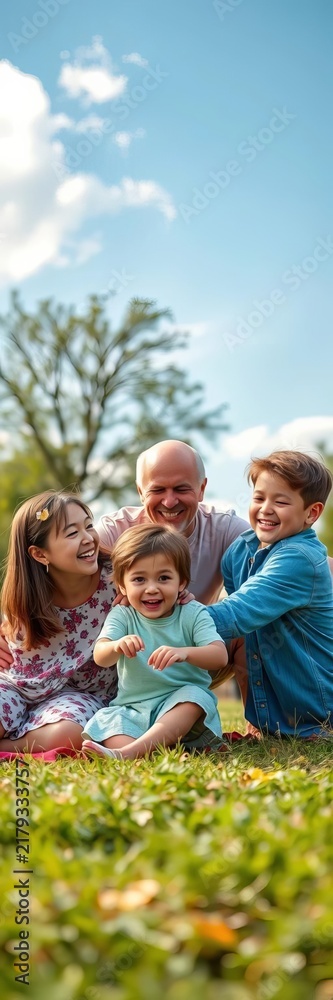 Naklejka premium Outdoor playtime with a happy family in harmony, colorful clothes, lush greenery