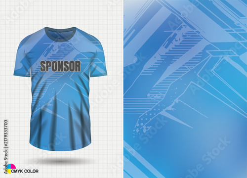 Blue sports t-shirt jersey mockup with geometric pattern