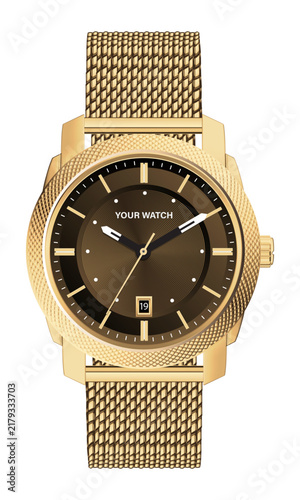 Realistic golden watch clock chronograph design luxury fashion object for men on white vector