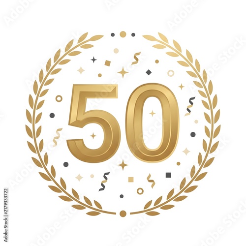 Golden 50th anniversary number with laurel wreath and elegant celebration decorations