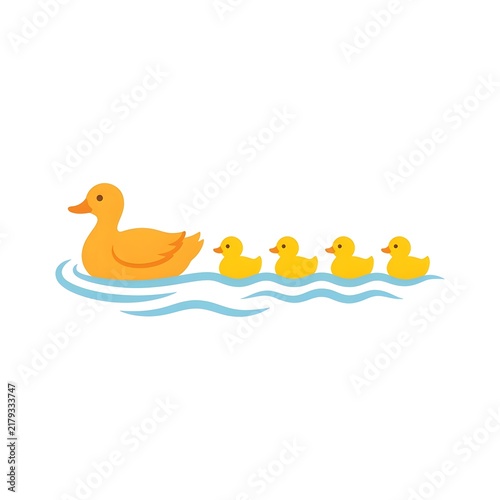 Cute duck family swimming together with mother duck and four ducklings on blue water