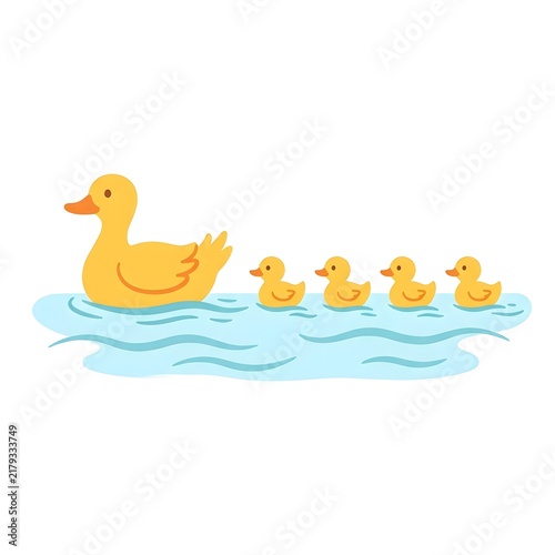 Mother duck with four ducklings swimming on blue water in a cute flat illustration