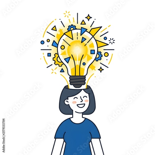 Woman with light bulb above her head representing a creative idea and inspiration