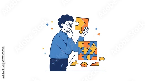 Person working on a colorful jigsaw puzzle while holding a puzzle piece in a flat illustration