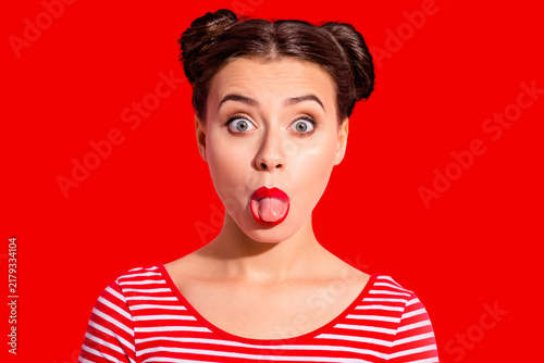 фотографія Close up photo beautiful she her lady pretty hairdo two buns bright pomade allur