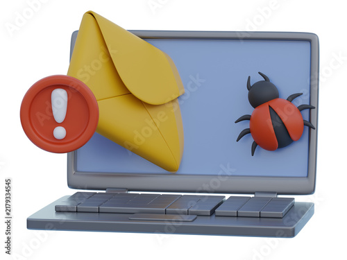 3D Suspicious Email Laptop Warning Bug Icon Render
