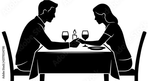 Принти на полотні Romantic Couple Holding Hands at Candlelit Dinner, Silhouette Vector Art, Intima