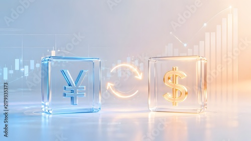 Digital Currency Exchange Rate Between Yen And Dollar In Glass Cubes