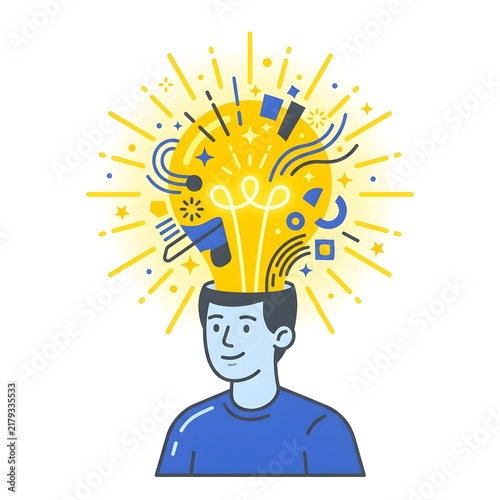 Man with large glowing light bulb representing creativity, ideas, and inspiration