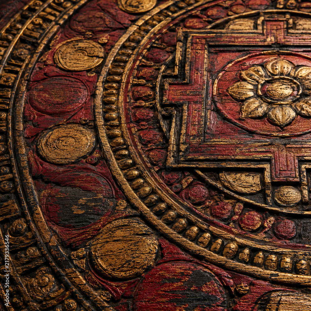 Obraz premium Ancient Tibetan Mandala Wood Carving Texture
