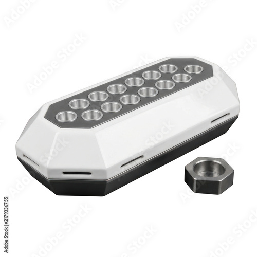 White and grey laboratory sample holder block with multiple circular slots, isolated on a white background, scientific research equipment isolated on a transparent background
