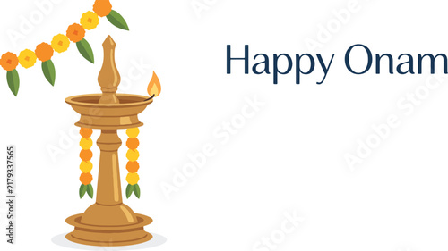 Happy Onam festival greeting card design with traditional oil lamp and floral garland illustration