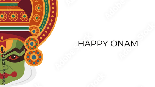 Happy Onam festival greeting card design with Kathakali face art vector illustration