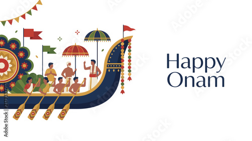 Happy Onam festival celebration with traditional boat race and cultural elements in vector illustration