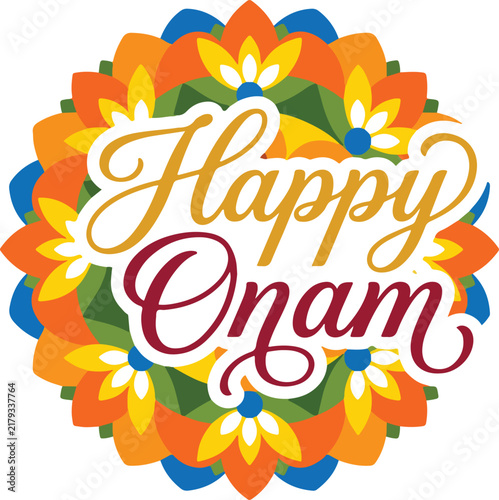 Happy Onam festival greeting card featuring traditional floral mandala pattern design