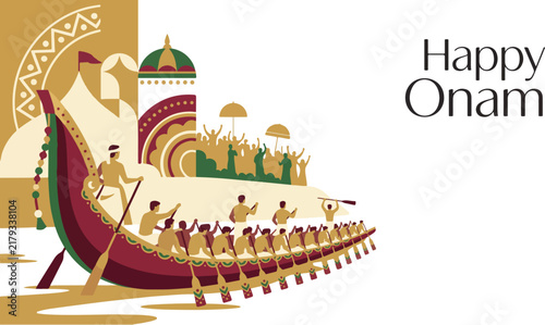 Happy Onam festival greeting card design featuring traditional snake boat race illustration
