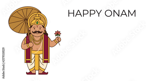 Happy Onam celebration with traditional king character holding umbrella and flower banner