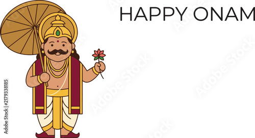 Happy Onam festival greeting card featuring King Mahabali illustration with umbrella
